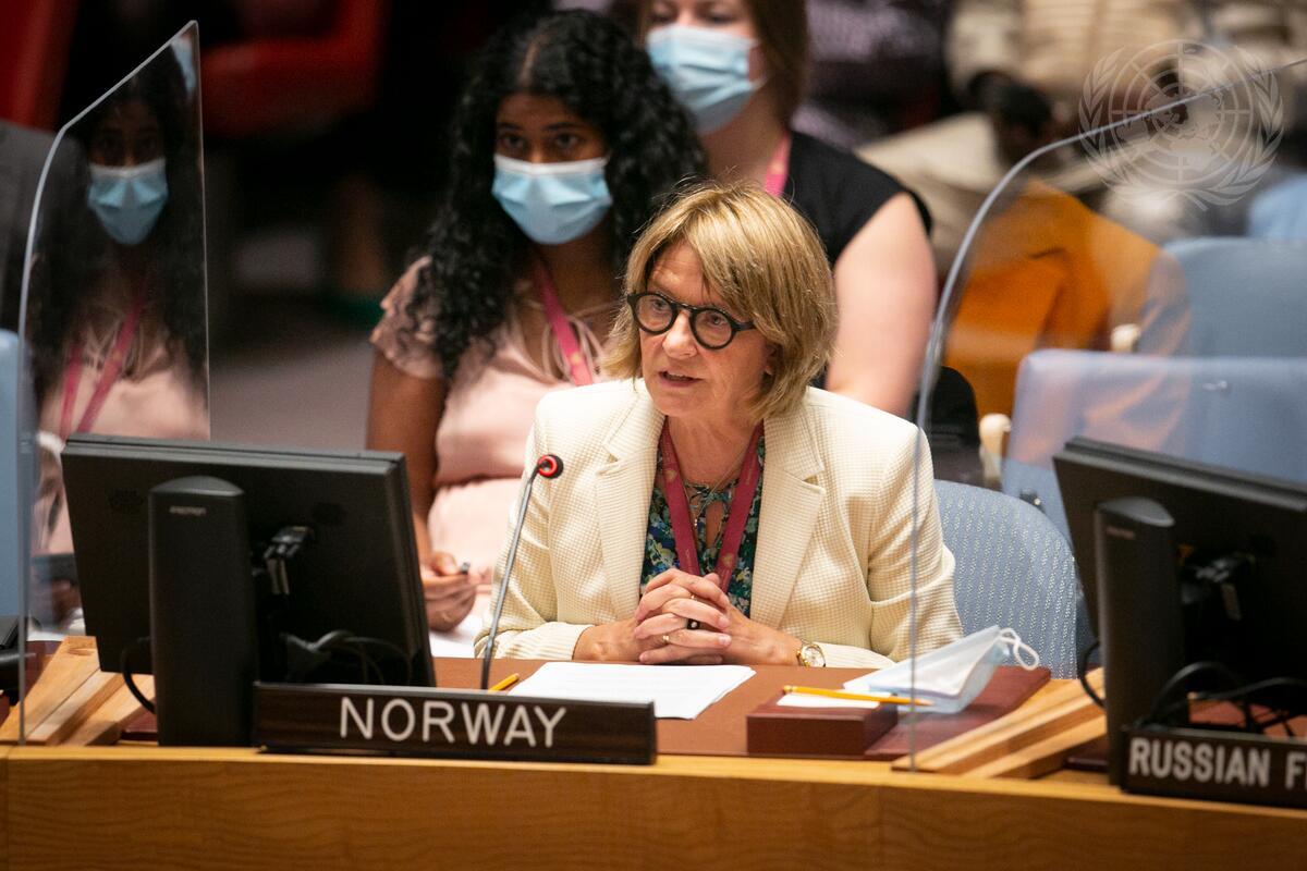 Mona Juul, Permanent Representative of Norway to the United Nations, addresses a Security Council meeting. UN Photo / Ariana Lindquist