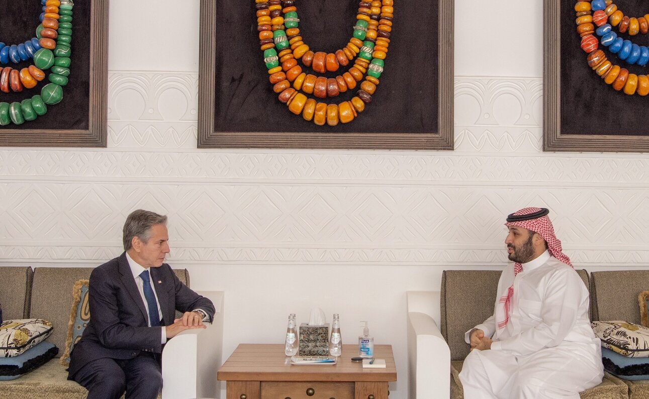 Saudi Arabian Crown Prince Mohammed bin Salman meets with U.S. Secretary of State Antony Blinken in Riyadh on October 15, 2023. Photo: Royal Court of Saudi Arabia/Anadolu via Getty Images