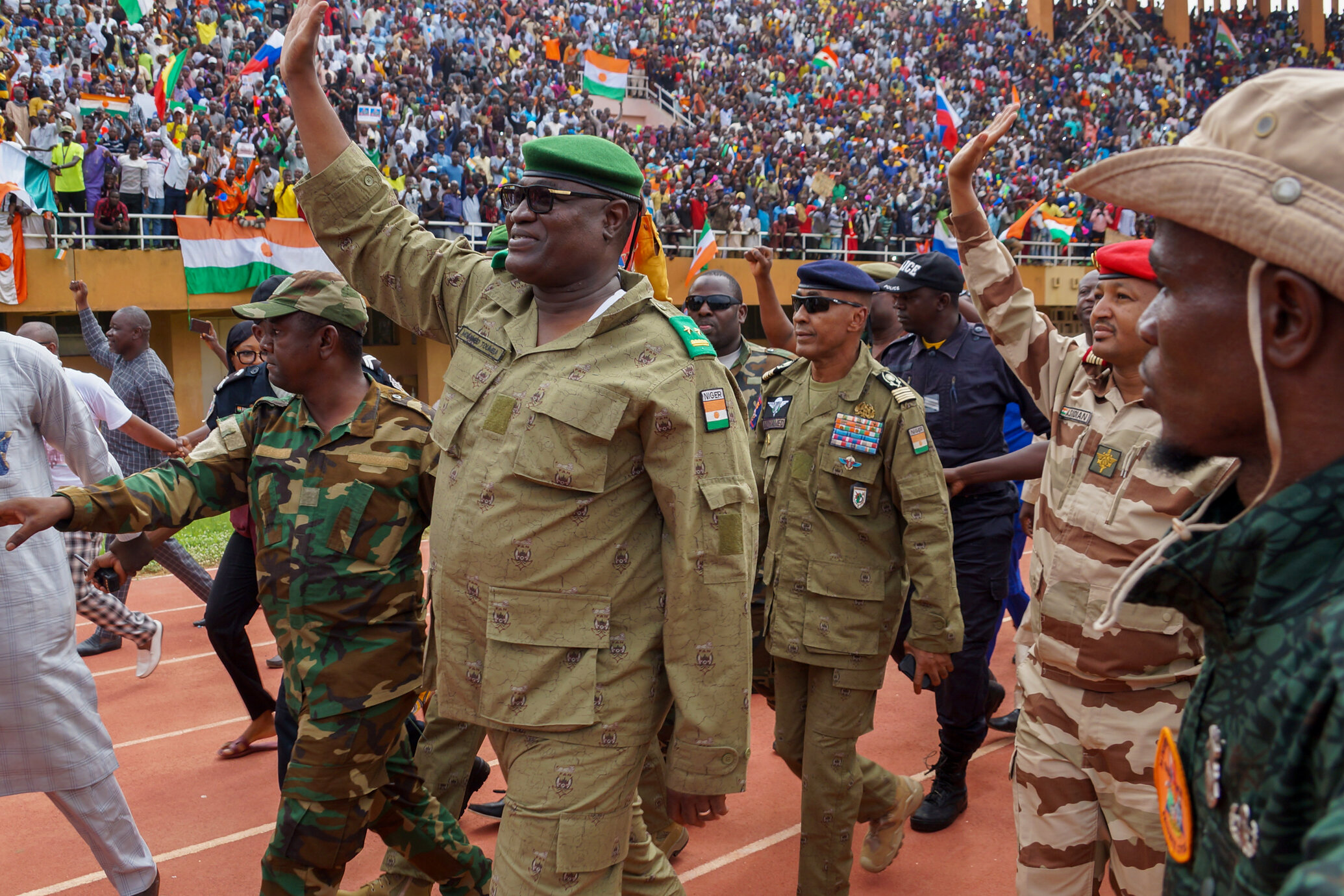 Mohamed Toumba, one of the leading figures of the National Council for the Protection of the Fatherland, attends the demonstration of coup supporters and greets them at a stadium in the capital city of Niger, Niamey on August 6, 2023. Photo: Balima Boureima/Anadolu Agency via Getty Images