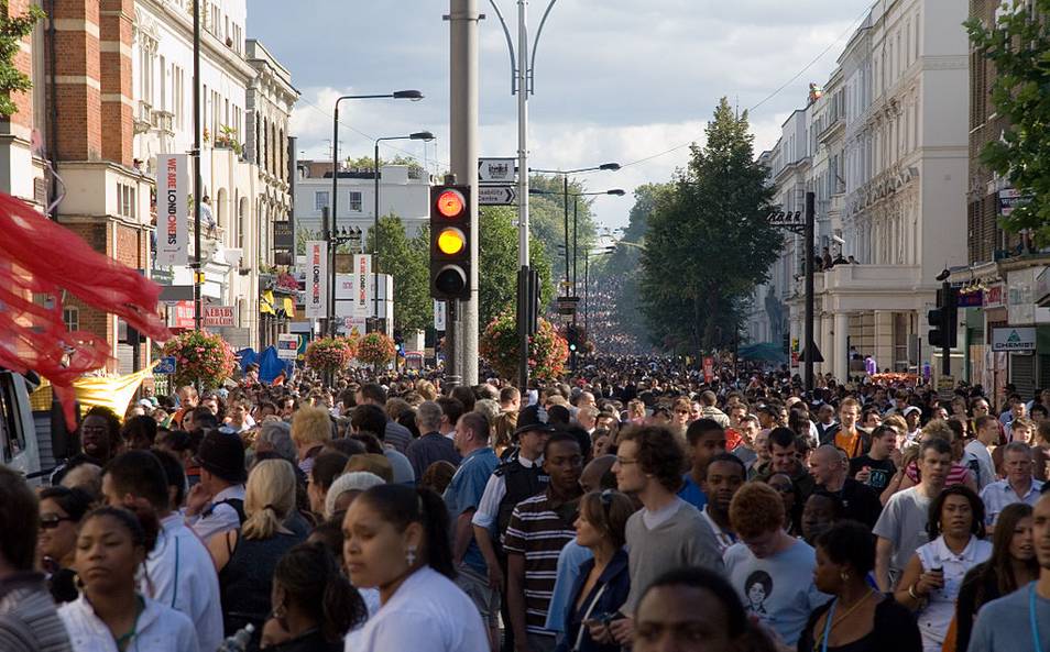 Crowd along Ladbroke Grove during the Notting Hill Carnival. Photo: David Iliff. Wikimedia Commons: CC-BY-SA 3.0