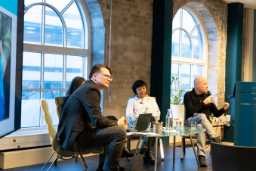 From left: Nicholas Marsh; Hana Salama; Professor Miriam Coronel-Ferrer; Professor Guy Lamb
. Photo: PRIO / Nora Lervik