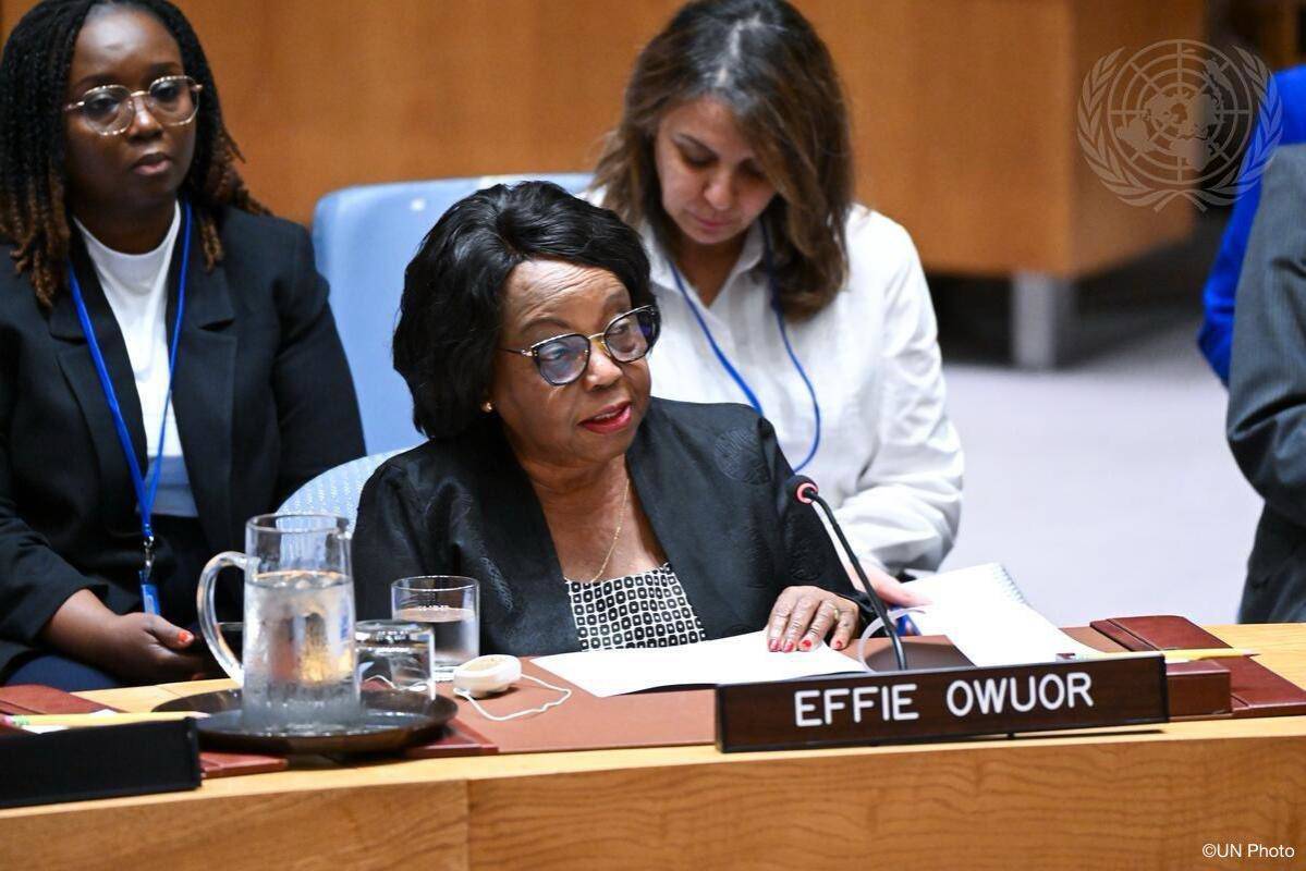 Effie Owuor, Co-Chair of FemWise-Africa, giving her brief during the Open Debate at the Security Council 2024. Photo: Switzerland UN, X