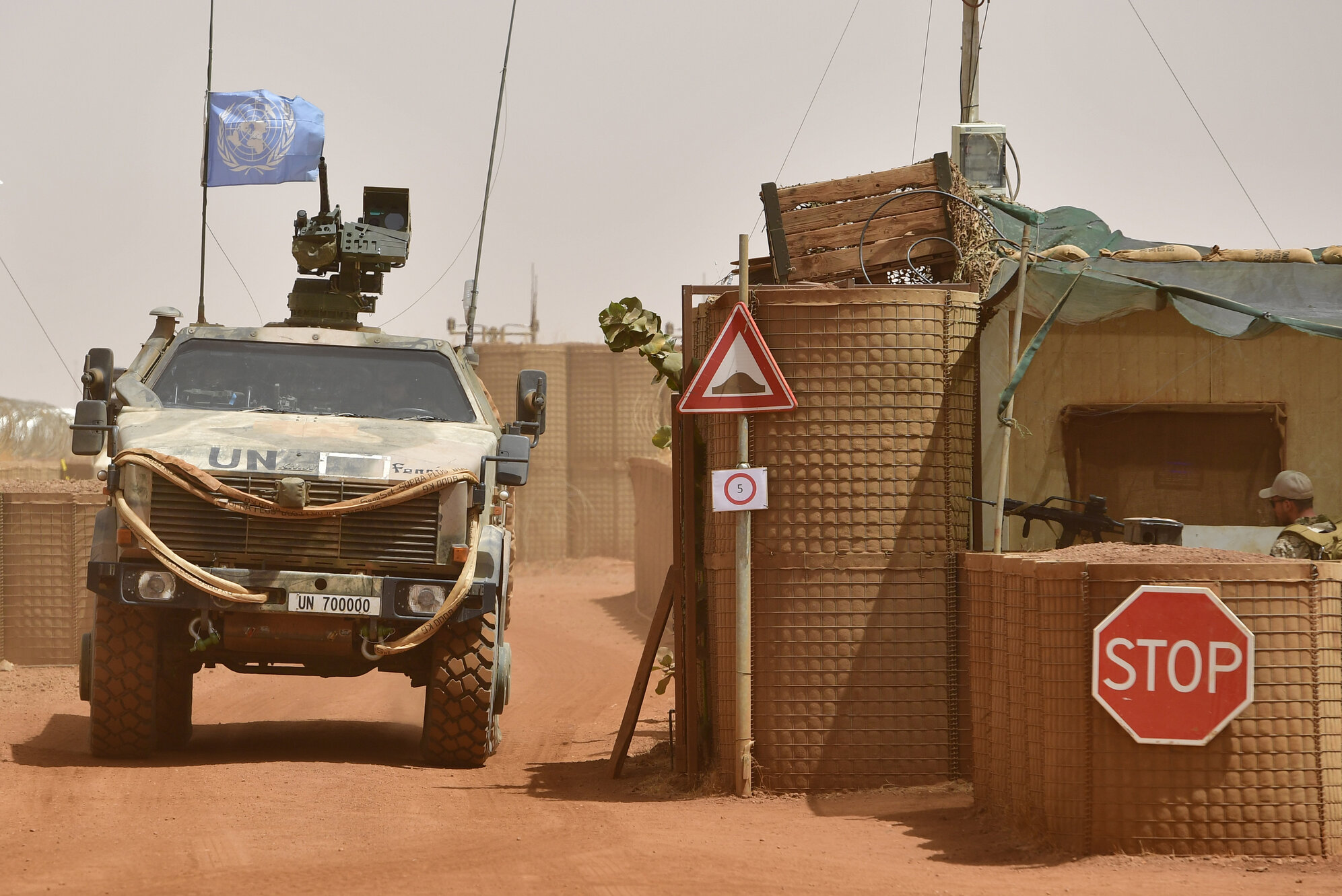 A Dingo tank of the Bundeswehr, the German armed forces, enters Camp Castor after returning from a trainings mission on March 6, 2017 in Gao, Mali as part of the U.N.-led MINUSMA.(. Photo: Alexander Koerner/Getty Images)