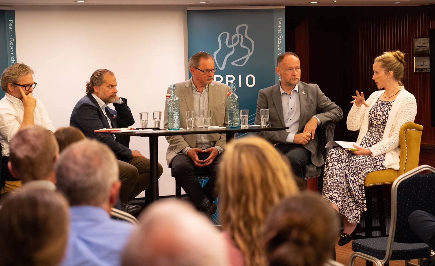Panel discussion on the UN Security Council Post-Ukraine and Norway's role in the Council. From left: Andreas Løvold (Norwegian MFA), Jamal al-Mussawi (US Embassy), Pavel Baev (PRIO), Richard Wood (British Ambassador to Norway), Louise Olsson (PRIO). Photo: PRIO / Vera Lind Hansen