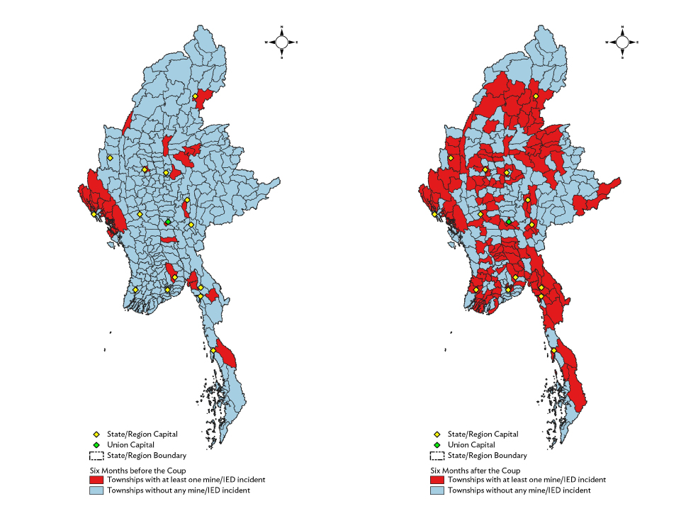 The escalation of armed conflict in Myanmar after the military coup on 1 February 2021. Townships with at least one Mine or Improvised Explosive Device (IED) incident during the last six months before the coup (Map 1) and during the first six months after the coup (Map 2). Source: Myanmar Institute for Peace and Security (MIPS).