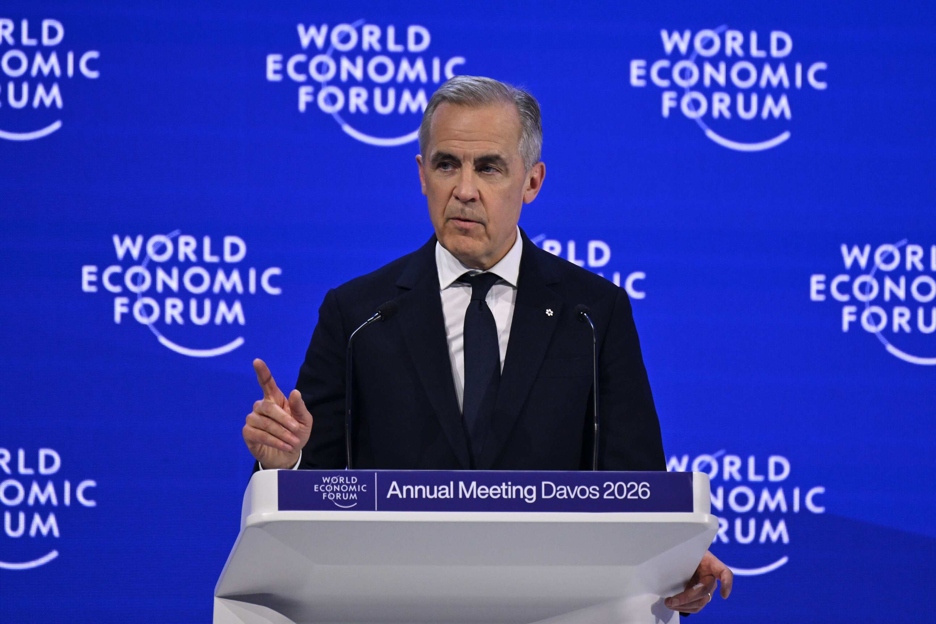 Canadian Prime Minister Mark Carney delivers a speech at the World Economic Forum Annual Meeting held in Davos on January 20, 2026. Photo: Harun Ozalp/Anadolu via Getty Images