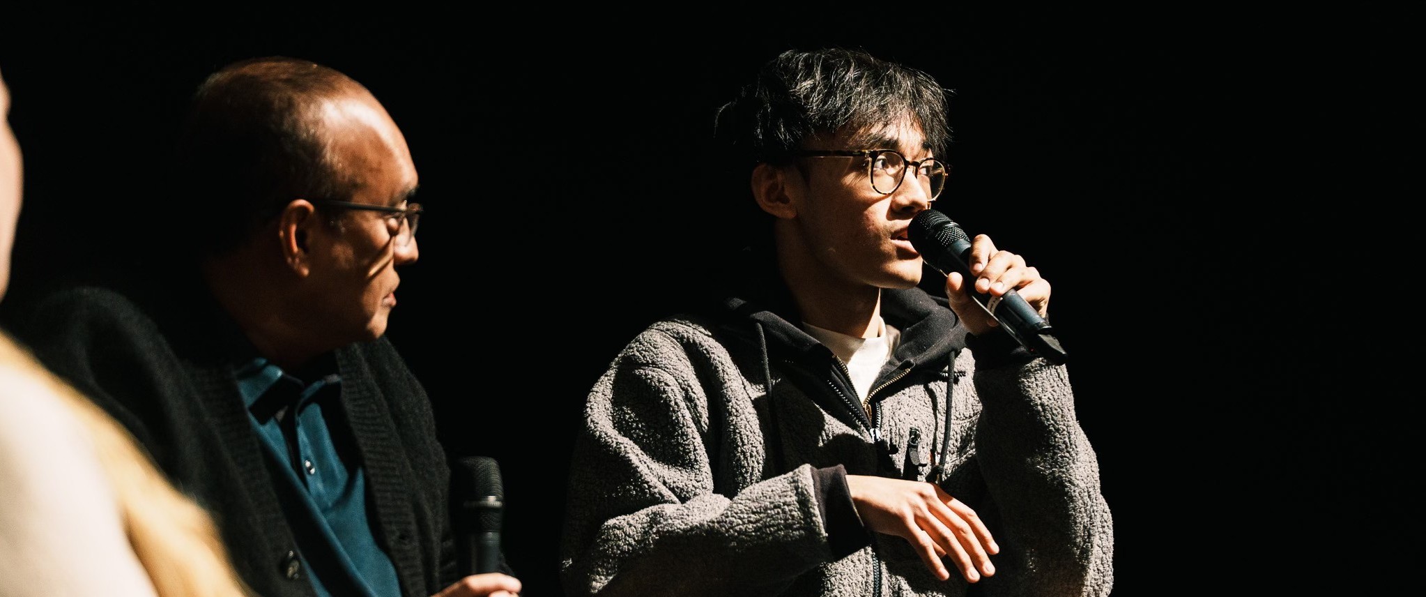 Maung Maung Myint (left) and Tayza Naing (right) discussing creative resistance in Myanmar with PRIO's Marte Nilsen. Photo: HUMAN International Film Festival