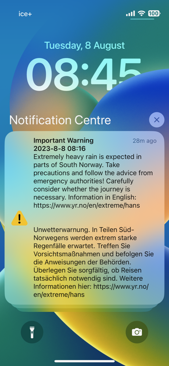 Screenshot of emergency alert during an extreme weather event in Norway. . Photo: Åshild Kolås 