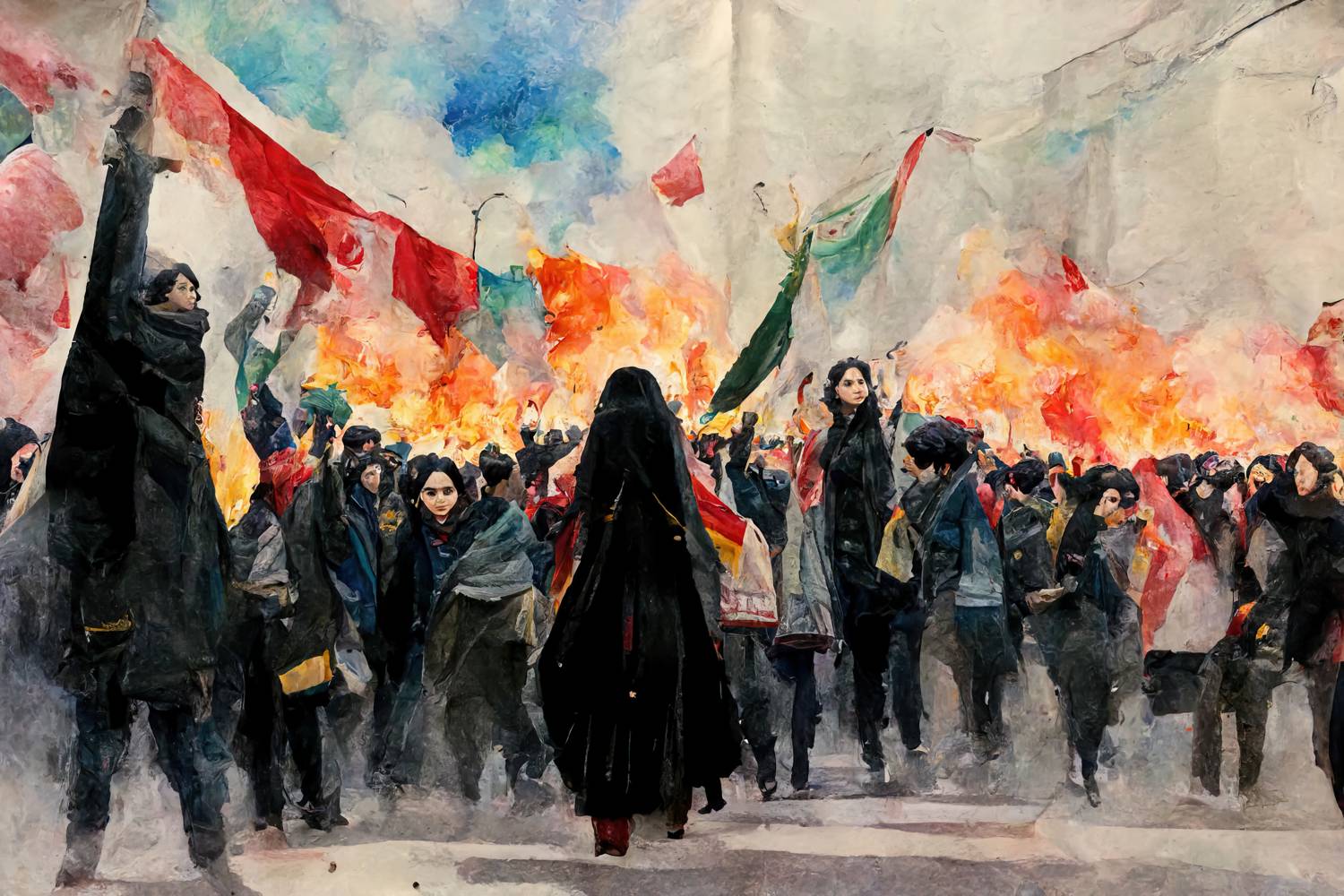Watercolour,Digital,Painting,Of,Anti,Hijab,And,Anti,Government,Protests. Photo: Copyright (c) 2022 DigitalAssetArt/Shutterstock. No use without permission.