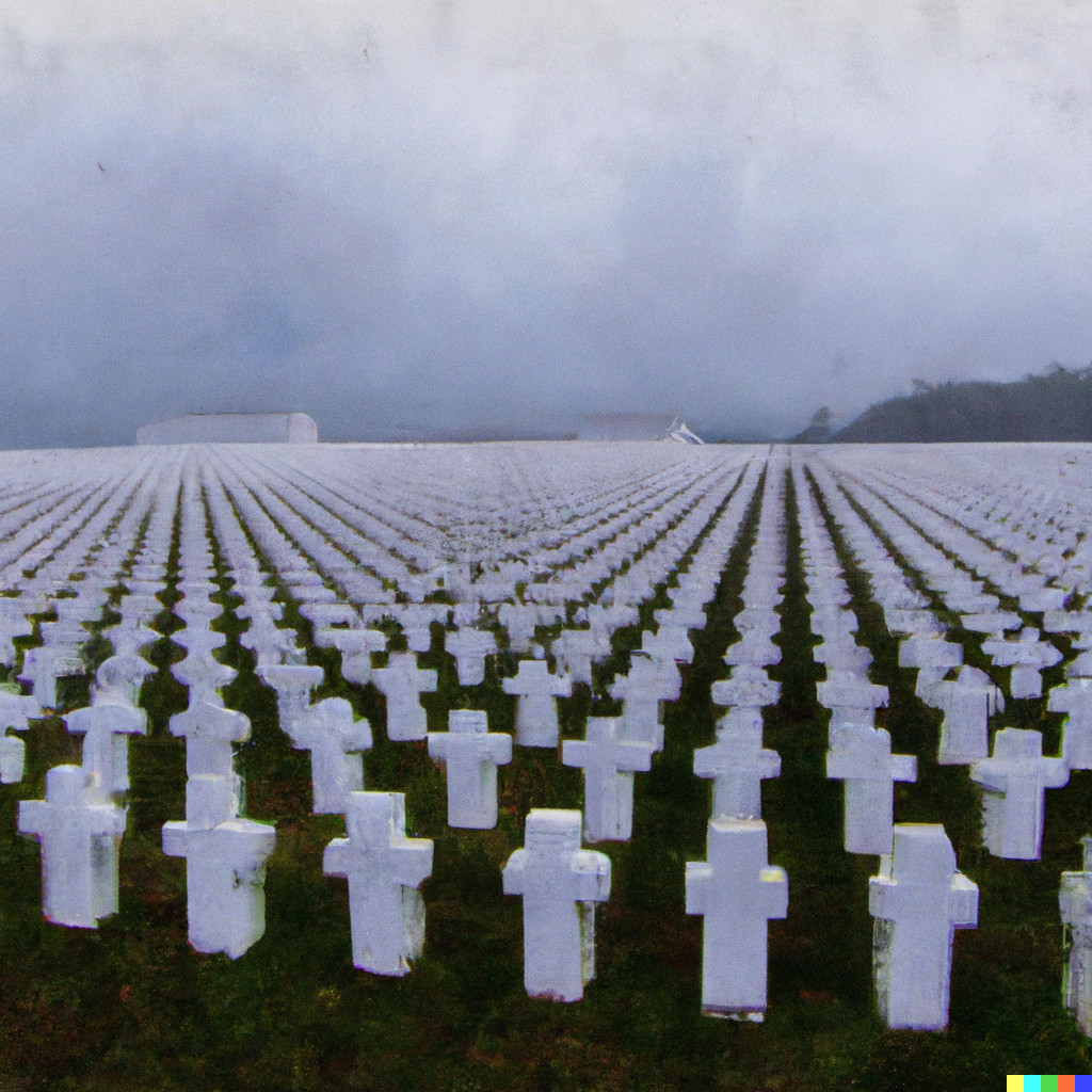 Picture created with Dall-E version 2, using the prompt 'White crosses on a military cemetery stretching all the way to the horizon on a gray, misty day, oil painting'.