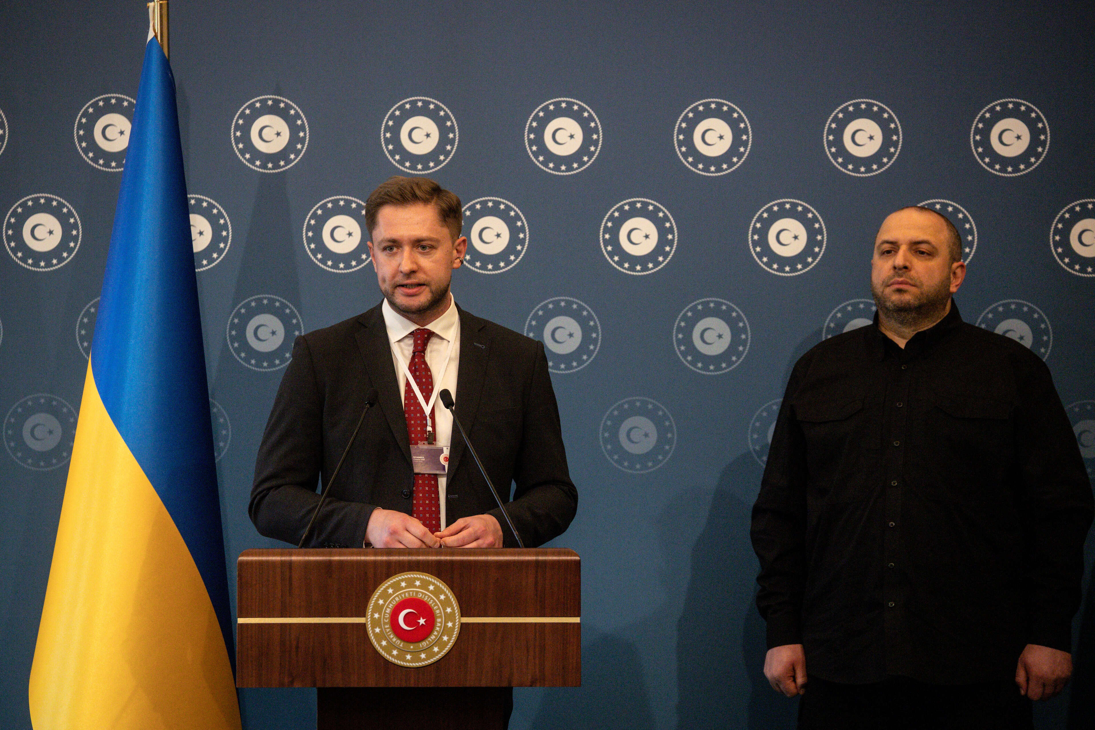 Ukrainian Advisor to the Head of the Office of the President Oleksandr Bevz and Ukrainian Minister of Defence Rustem Umerov in Istanbul in June 2025. Photo: Chris McGrath / Getty Images