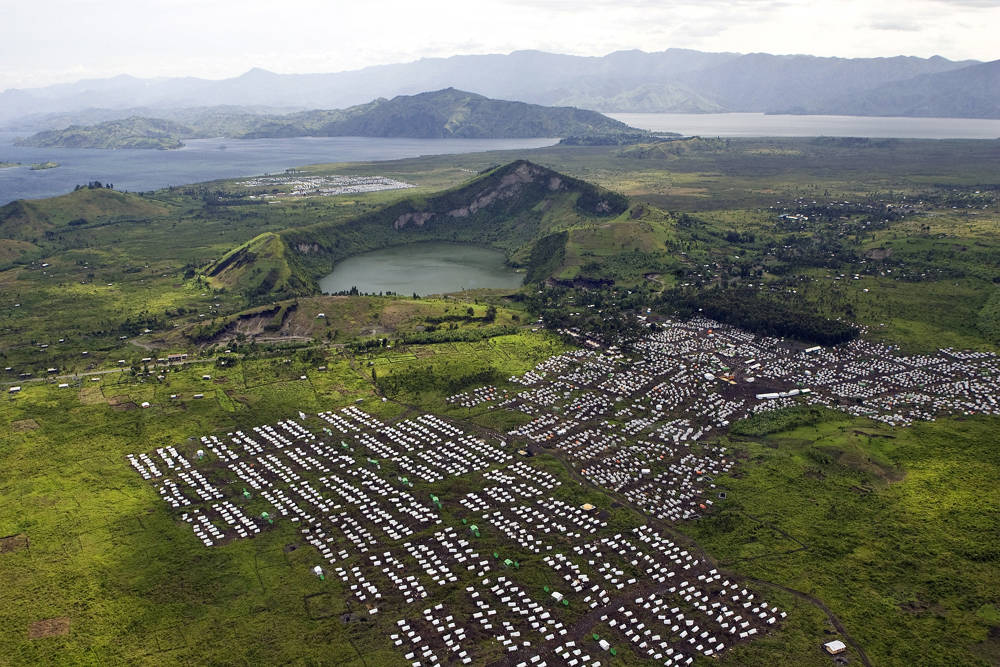 Mugunga I and II (in the foreground) and Bulengo (in the background) camps of Internally Displaced Persons (IDPs), Kivu Province DR Congo.