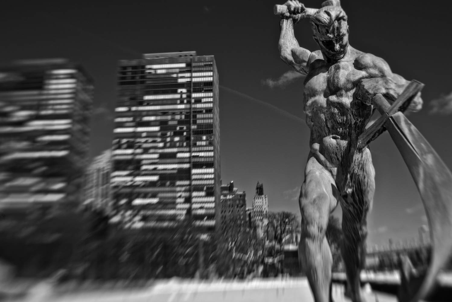 Let Us Beat Our Swords into Ploughshares at UN headquarters. The sculpture symbolizes man's desire to put an end to war. Photo: UN Photo/Mark Garten