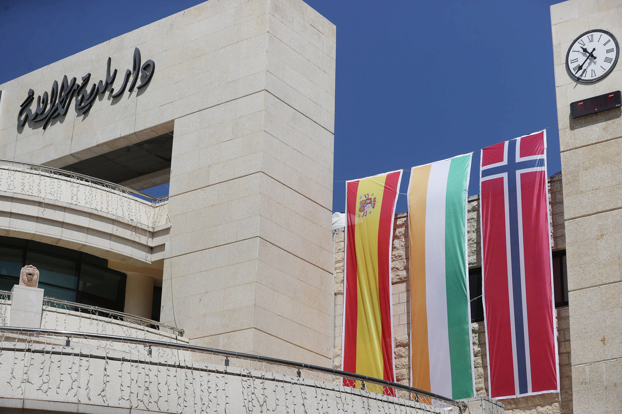 The Ramallah Municipality Building with flags of Spain, Ireland and Norway following their formal recognition of the State of Palestine, on May 24, 2024. Issam Rimawi/Anadolu via Getty Images