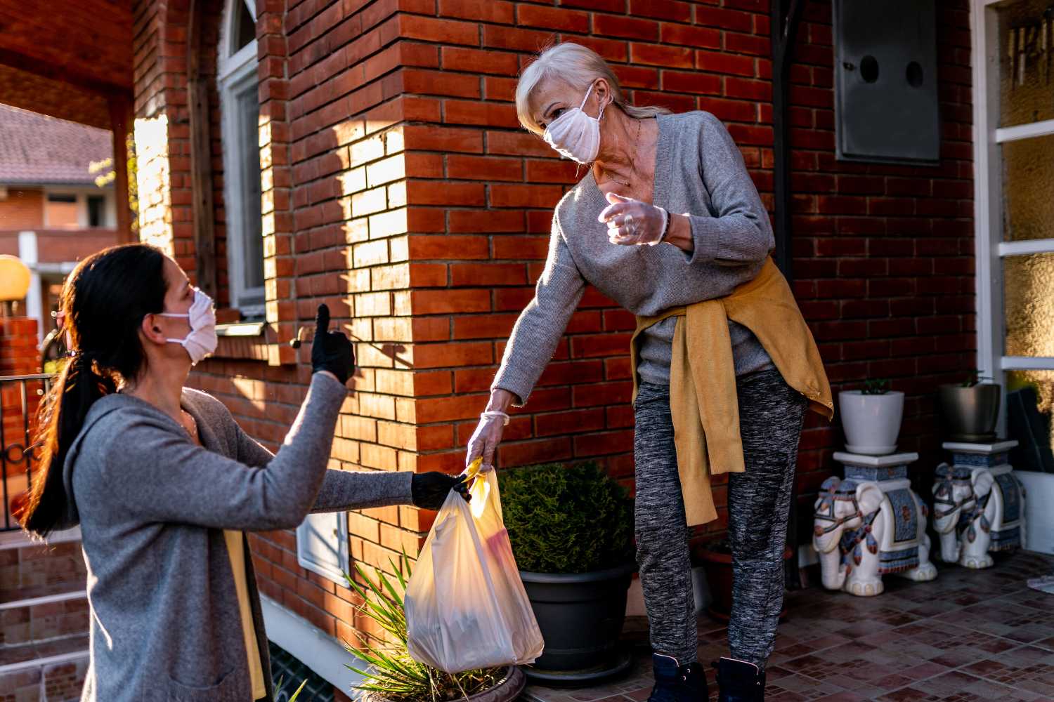 Volunteer bringing groceries to a senior woman at home. Photo: Getty Images