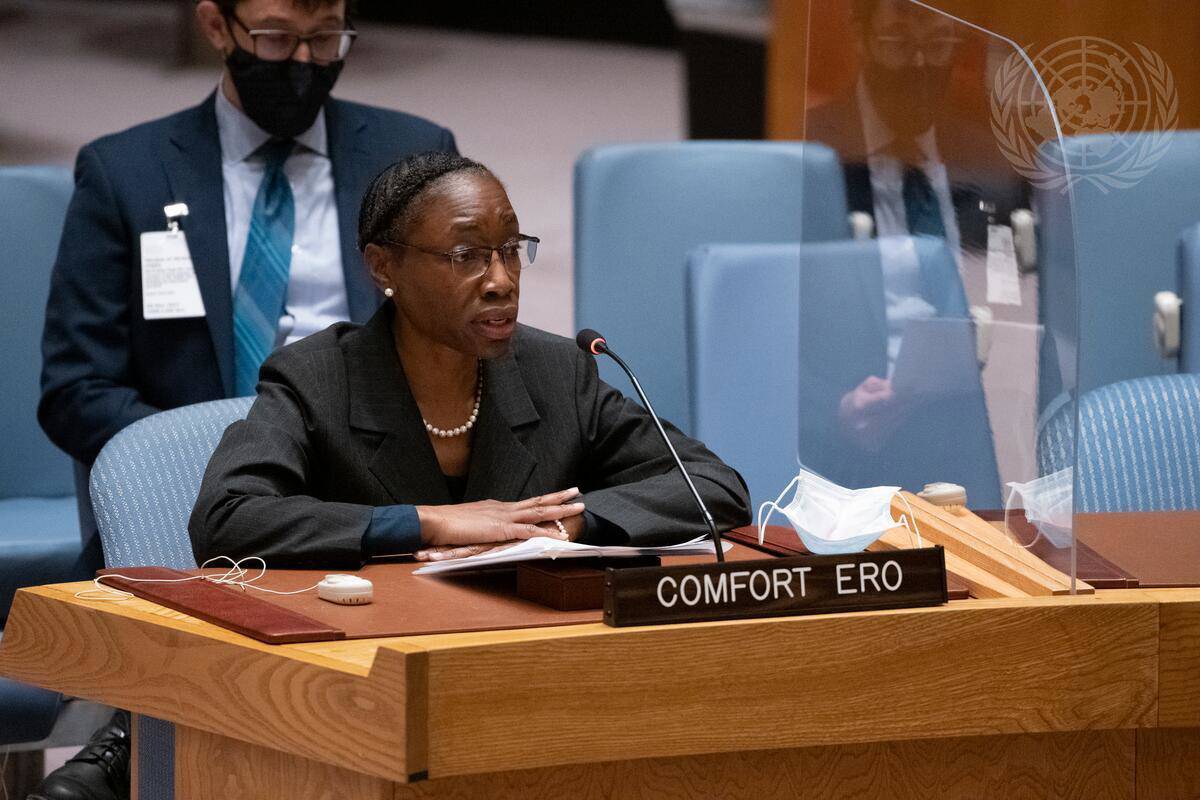 Comfort Ero, Interim Vice President and Program Director of the International Crisis Group, briefs the Security Council meeting on the situation in the Middle East, including the Palestinian question. Photo: Evan Schneider / United Nations Photo