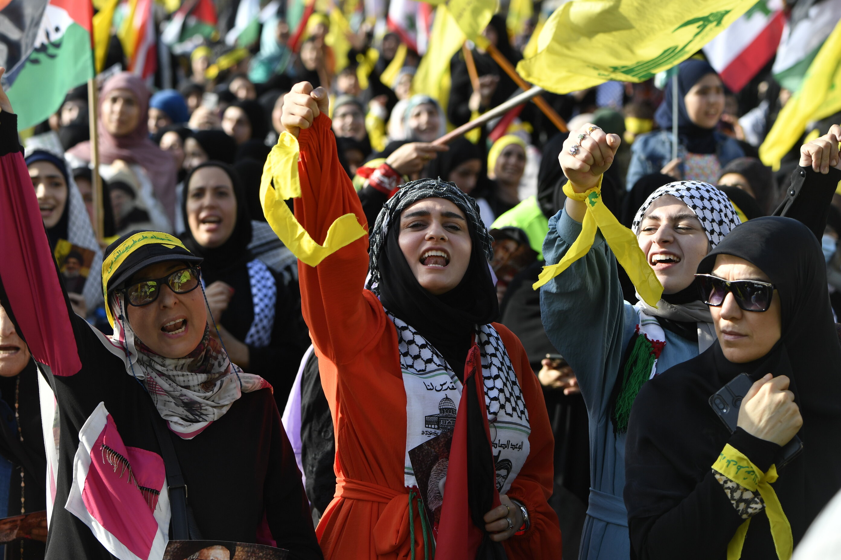 Hundreds of people gather to follow the speech of Hezbollah Secretary General Hassan Nasrallah, on a screen, in Beirut, Lebanon on November 3, 2023. Photo: Houssam Shbaro/Anadolu via Getty Images