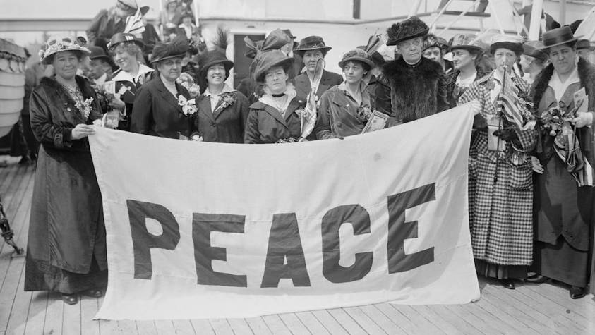 Jane Addams (second from left), with other American peace delegates, on the deck of a ship heading to the International Congress of Women held at The Hague in 1915. Photo: George Grantham Bain Collection/Library of Congress, Washington, D.C.