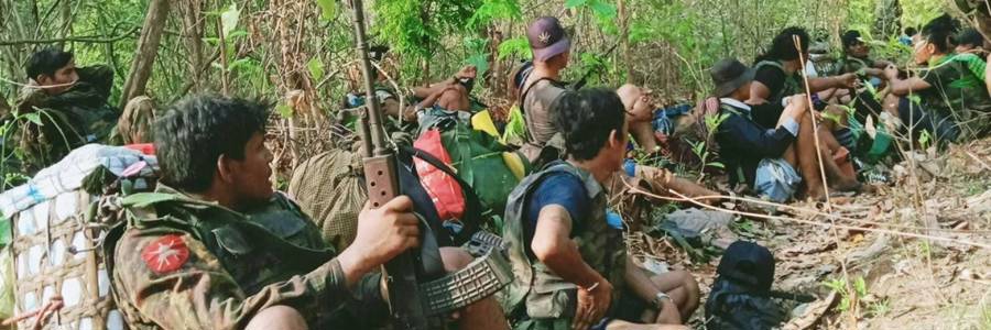 A photo taken by a regime soldier shows junta troops and Pyu Saw Htee members resting during operations in Sagaing Region in 2022. Source: Myanmark Now.