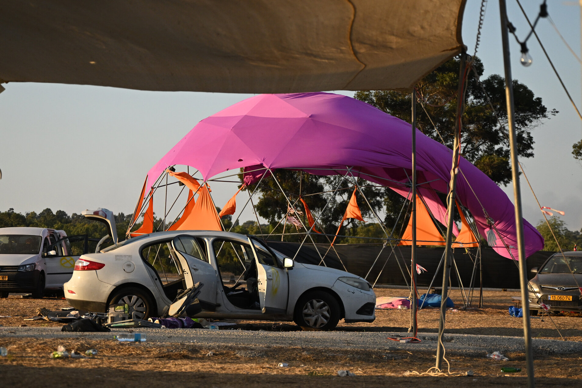 The Music Festival site where hundreds were killed and dozens taken by Hamas militants near the border with Gaza on October 12, 2023 in Kibbutz Re'im , Israel. Israeli soldiers and civilians have also been taken hostage by Hamas and moved into Gaza. The 12 October attack prompted a declaration of war by the Israeli Prime Minister Benjamin Netanyahu. Photo: Leon Neal / Getty Images