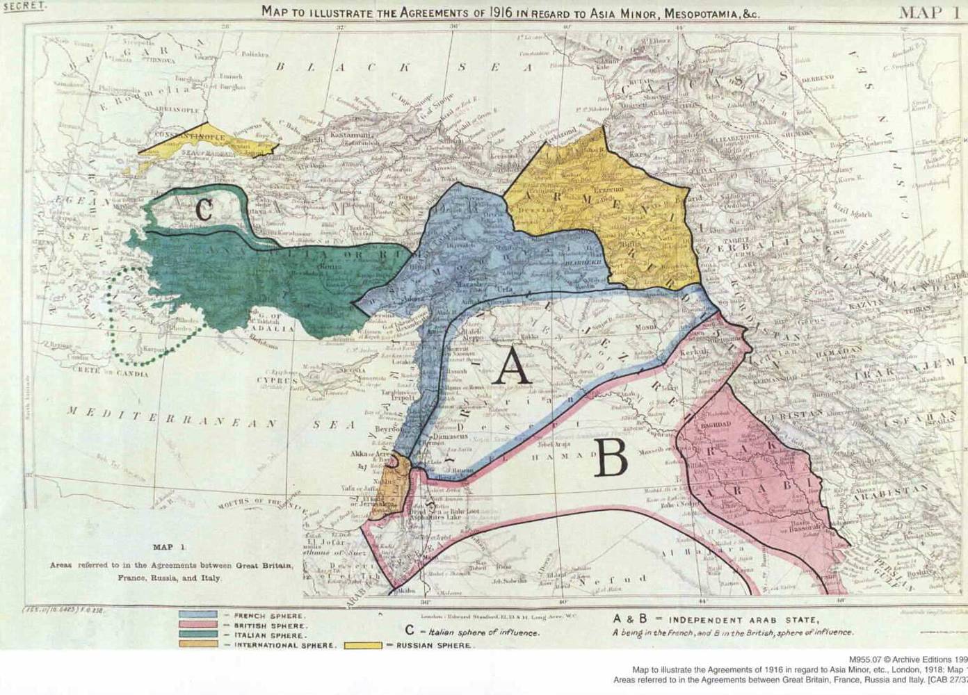 Map to illustrate the Agreements of 1916 in regard to Asia Minor, etc., London, 1918: Map Areas referred to in the Agreements between Great Britain, France, Russia and Italy. Photo: Archive Editions 1999 via Flickr