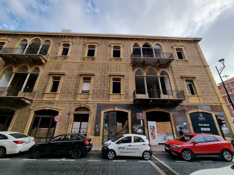 Beirut building front still destroyed 3 years after the 2020 harbor explosion.