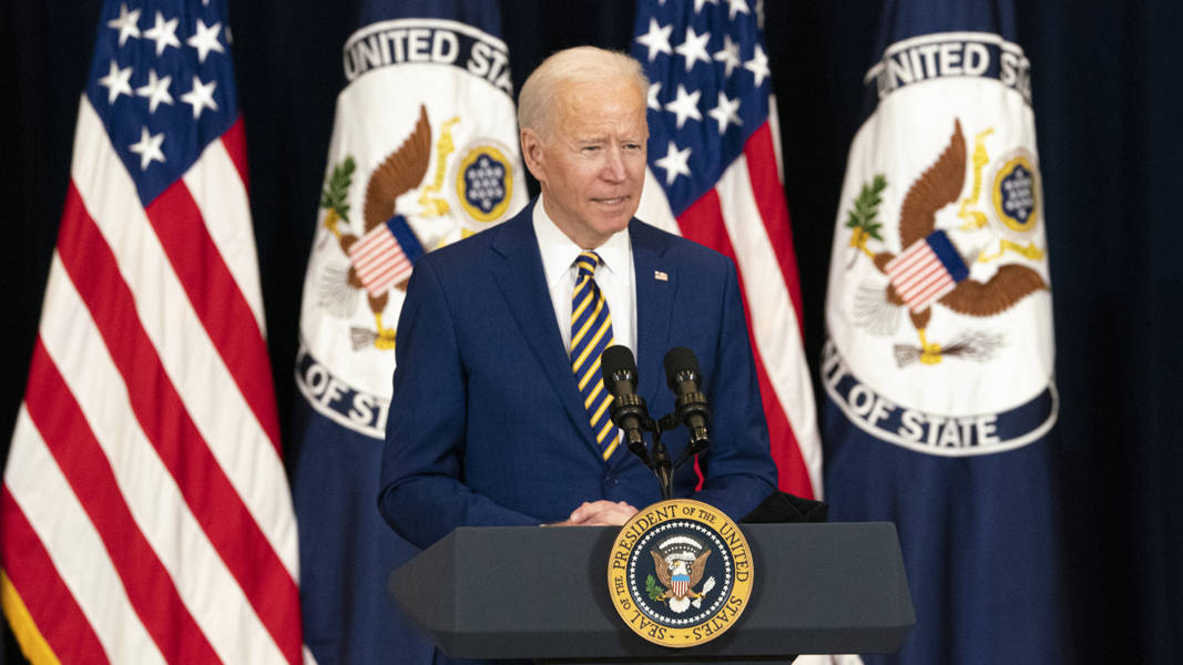 President Joseph R. Biden, Jr., with Vice President Kamala K. Harris and Secretary of State Antony J. Blinken, delivers remarks to State Department employees, at the U.S. Department of State in Washington, D.C., on February 4, 2021. Photo: State Department Photo by Freddie Everett/ Public Domain