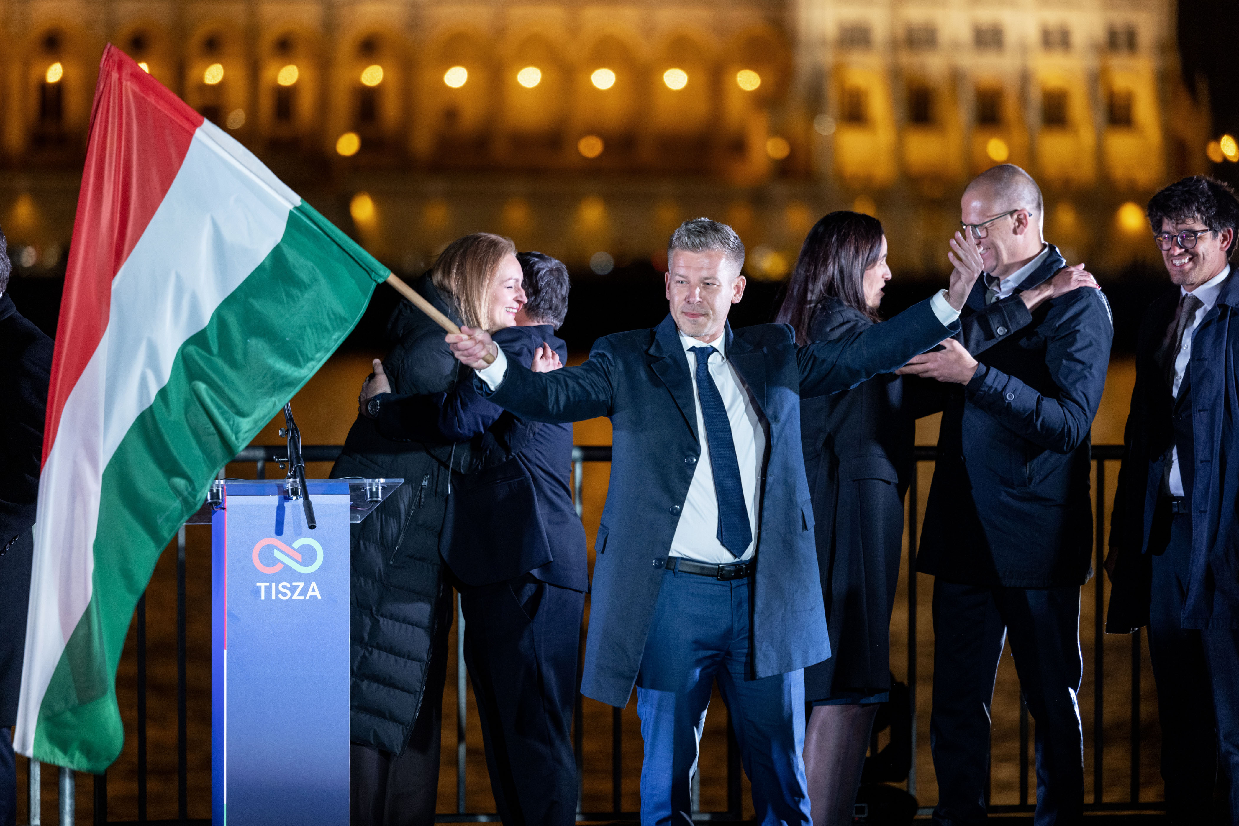 Peter Magyar, lead candidate of the Tisza party, after polling stations closed during Hungarian parliamentary elections on April 12, 2026 in Budapest. Photo: Janos Kummer/Getty Images
