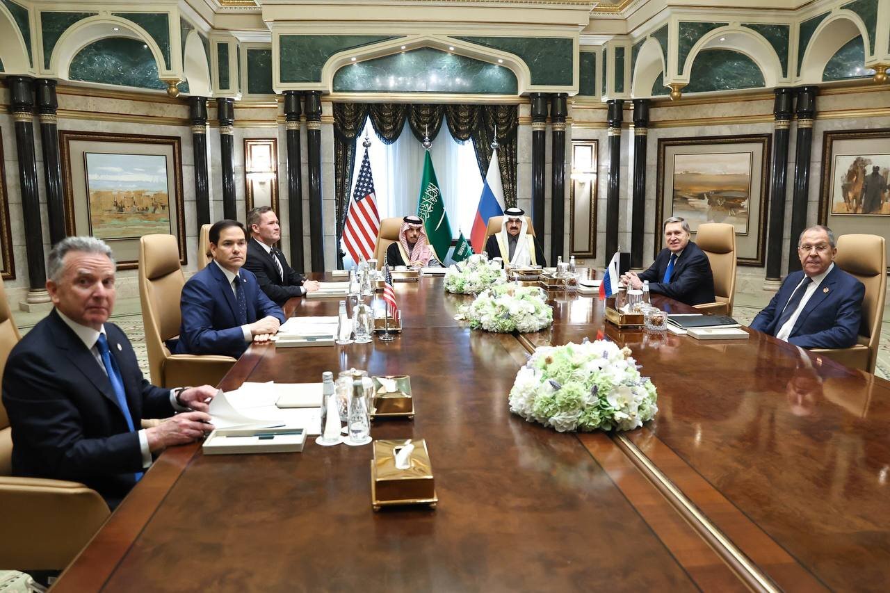 Saudi Foreign Minister Faisal bin Farhan Al Saud (4th L), Russian Foreign Minister Sergey Lavrov (R) , Russian President Vladimir Putin's Foreign Policy Advisor Yuri Ushakov (2nd R), US Secretary of State Marco Antonio Rubio (2nd L), US National Security Adviser Mike Waltz (3rd L) and US Special Envoy for the Middle East Steve Witkoff (L) attend a meeting between Russia and the US, aimed at mending relations between the two nations and addressing the conflict in Ukraine, on February 18, 2025 in Riyadh, Saudi Arabia. Russian Foreign Ministry /Anadolu via Getty Images
