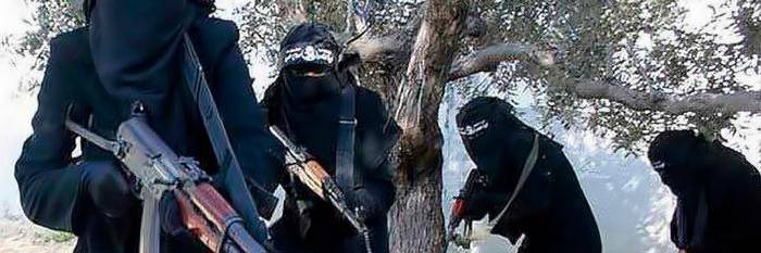A screen shot of an Islamic State propaganda showing the Al-Khansa, an all-female police squad.