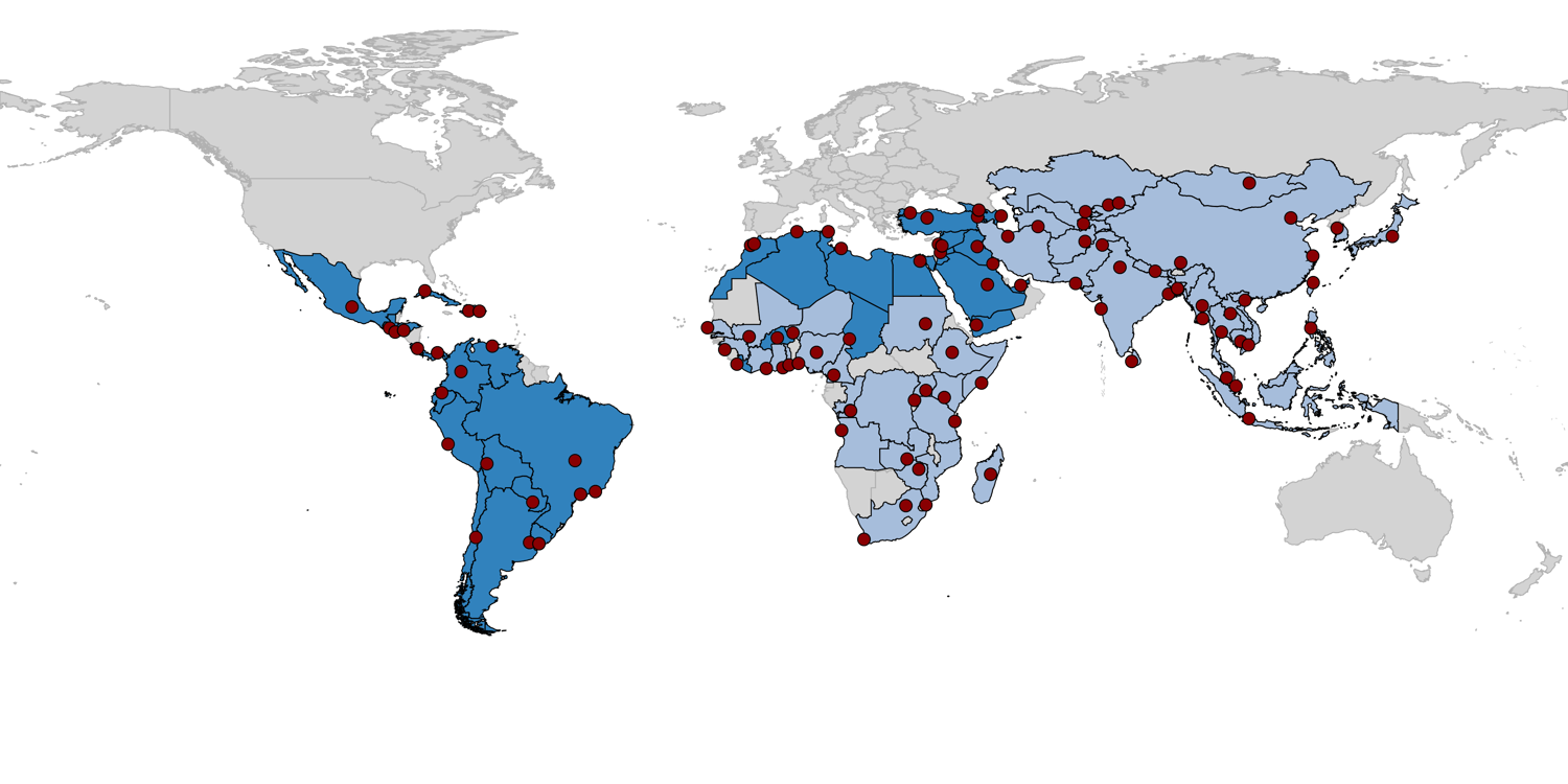 USD 2.0 city and country coverage (light blue = v1, dark blue = new in v2).