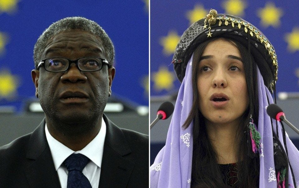 Denis Mukwege of Congo, left, and Nadia Murad, a Yazidi survivor from Iraq. (Christian Lutz/AP).