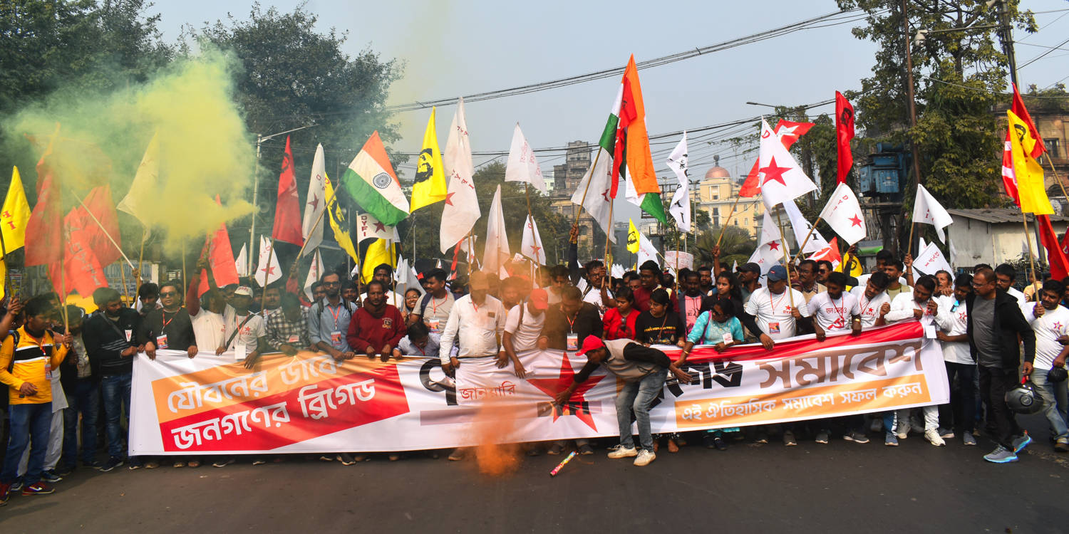 DYFI party members are participating in a ''Youth Rally'' in Kolkata, India, on January 7, 2024. Photo: Sudipta Das/NurPhoto via Getty Images