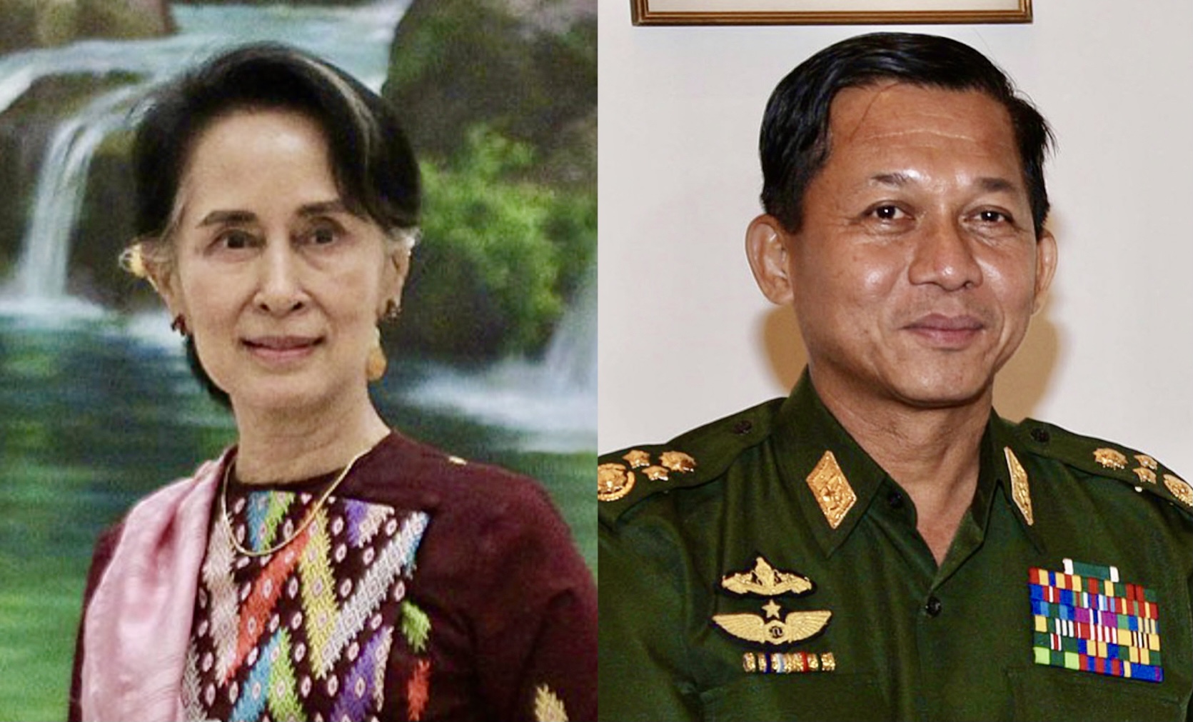 Aung San Suu Kyi (left), Min Aung Hlaing (right). Wikimedia Commons