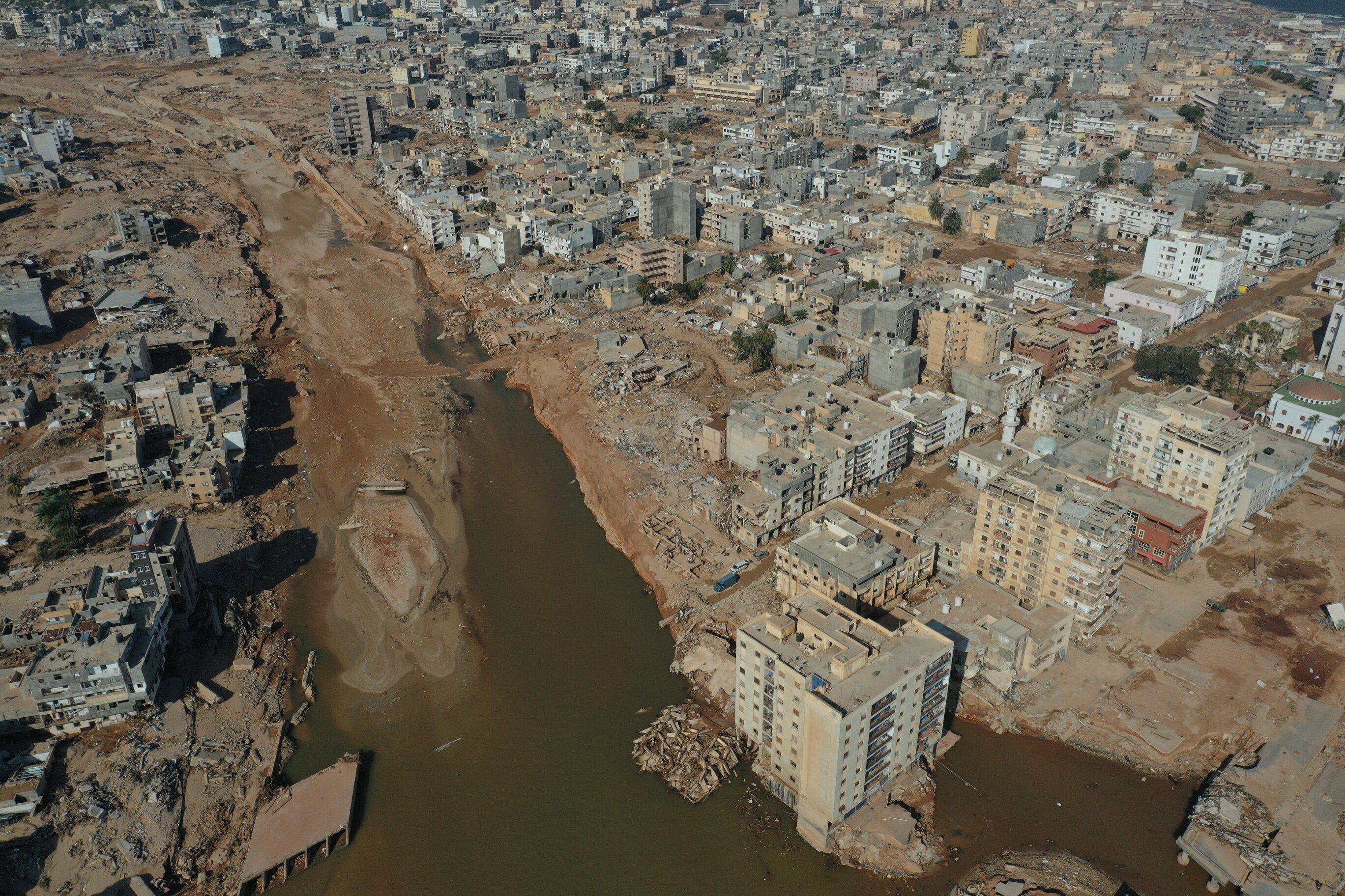 Devastation after the floods caused by the Storm Daniel ravaged the region, in Derna, Libya on September 17, 2023. Photo: Halil Fidan/Anadolu Agency via Getty Images