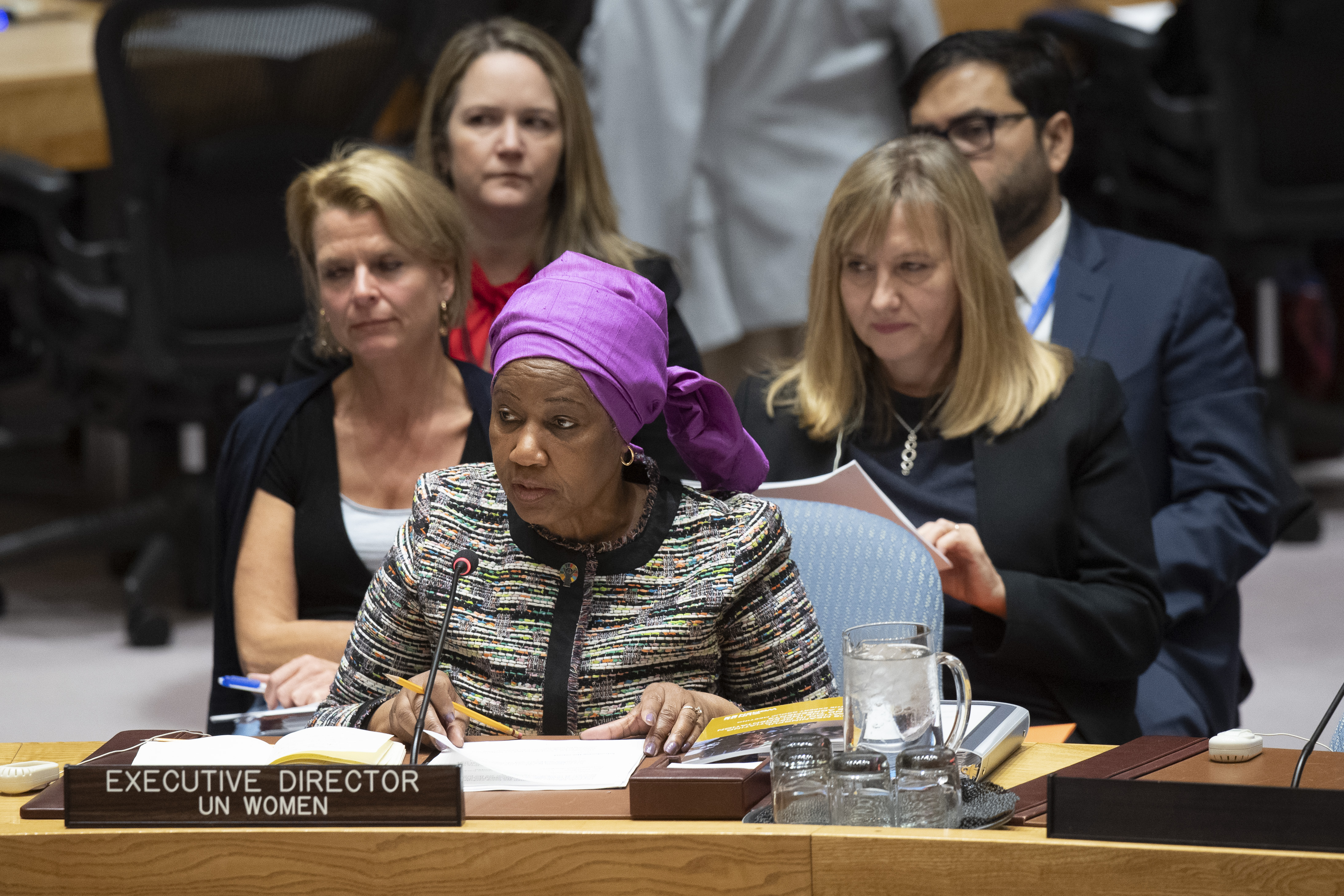 Phumzile Mlambo-Ngcuka, Executive Director of UN Women briefs the Security Council on WPS in October 2018; a meeting where improving women’s meaningful participation was a key theme. UN Photo
