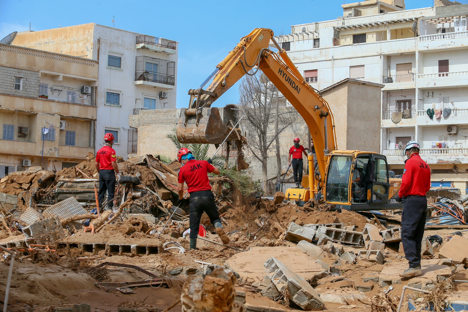 Search and rescue operation teams  continue their efforts after the floods caused by the Storm Daniel ravaged the region, in Derna, Libya on September 17, 2023. Photo: Halil Fidan/Anadolu Agency via Getty Images