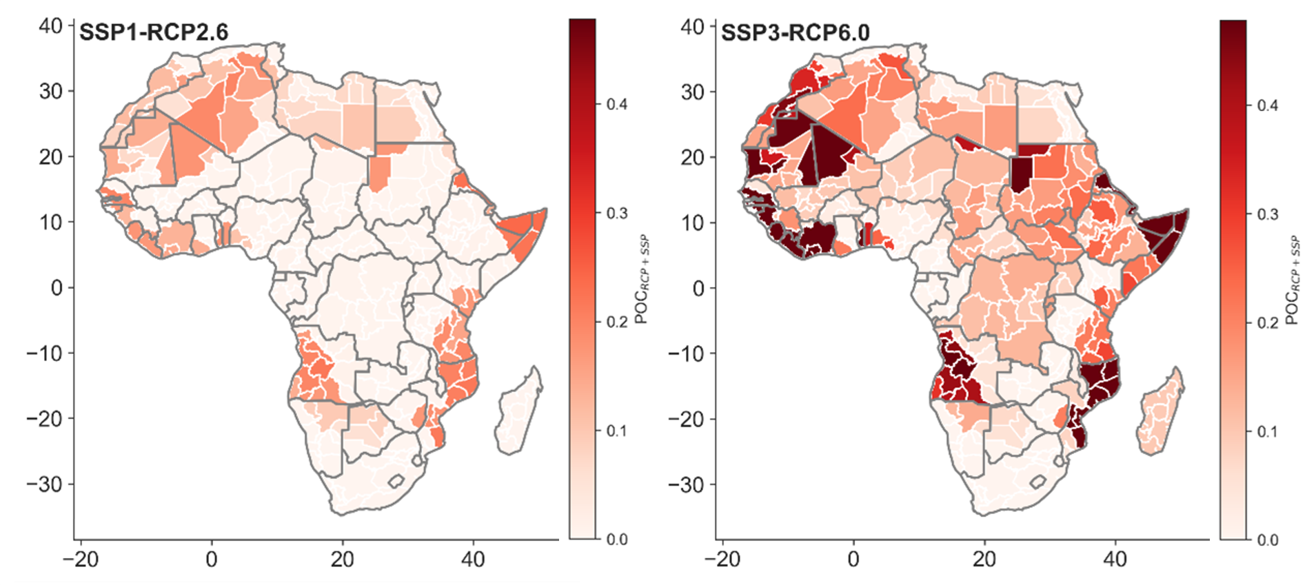 NOTE: Projected conflict risk across African regions, averaged over 2041–50, along combinations of optimistic (left) and pessimistic (right) societal and climate change scenarios. Darker colors indicate higher simulated probability of conflict (POC). Source: Hoch et al. (2021).