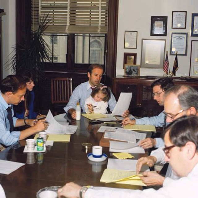 Joe Biden with Ashley Biden while working in the Senate (1980s). Public Domain