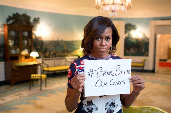 Today, the Nigerian schoolgirls are still in captivity. US First Lady Michelle Obama initiated the #BringBackOurGirls hashtag in support of the 2014 Chibok kidnapping. Posted to the FLOTUS Twitter account on May 7, 2014.