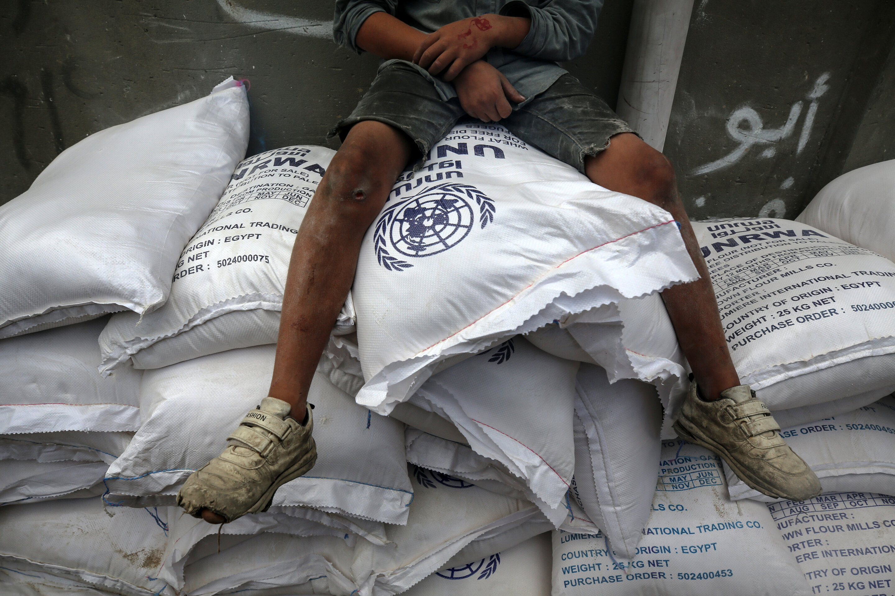 Sacks of flour at a UNRWA distribution center in Deir Al-Balah, in the central Gaza Strip,  November 2024. Majdi Fathi/NurPhoto via Getty Images