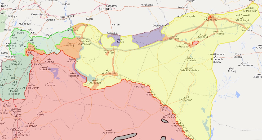 Yellow: Kurdish controlled territories. Red: Syria government controlled territories. Orange: Territories returned to the Syrian government after an agreement. Purple: Territories controlled by Operation Peace Spring. Light green: Turkey controlled zone West of Euphrates. Dark green: HTS (Syrian al Qaeda) dominated territories. Source: https://syria.liveuamap.com/.
