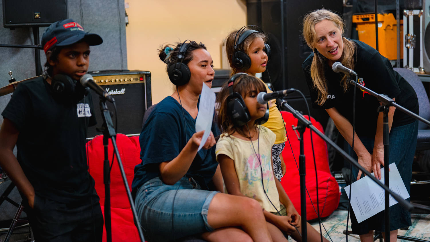Recording new Bunuba language songs in Fitzroy Crossing, with Gillian Howell for Tura’s Sound FX project. Photo: Edify Media