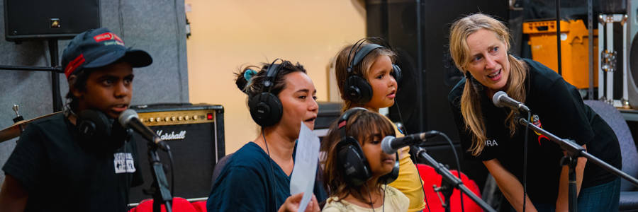 Recording new Bunuba language songs in Fitzroy Crossing, with Gillian Howell for Tura’s Sound FX project. Photo: Edify Media