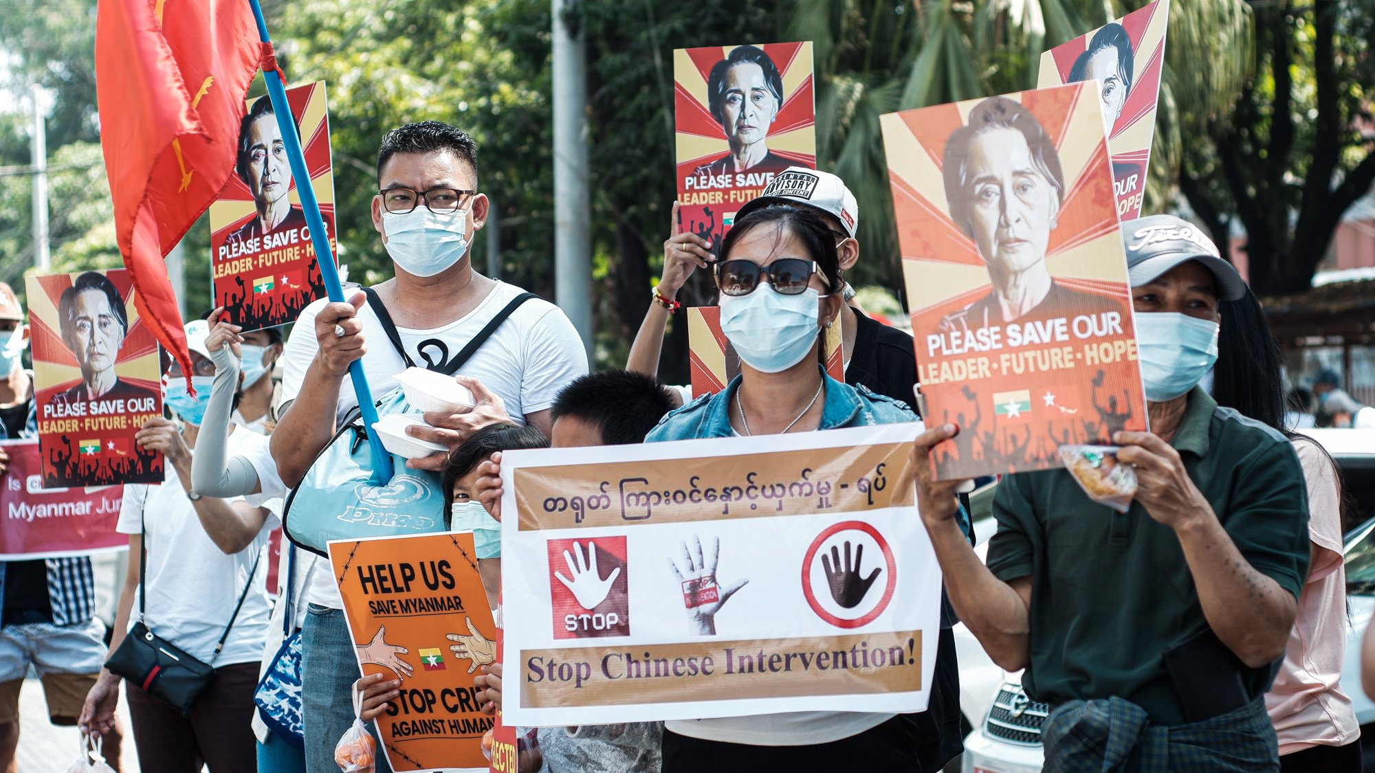 Protest in Myanmar against the military coup on 14 February 2021. MgHla (aka) Htin Linn Aye via Wikimedia Commons.
