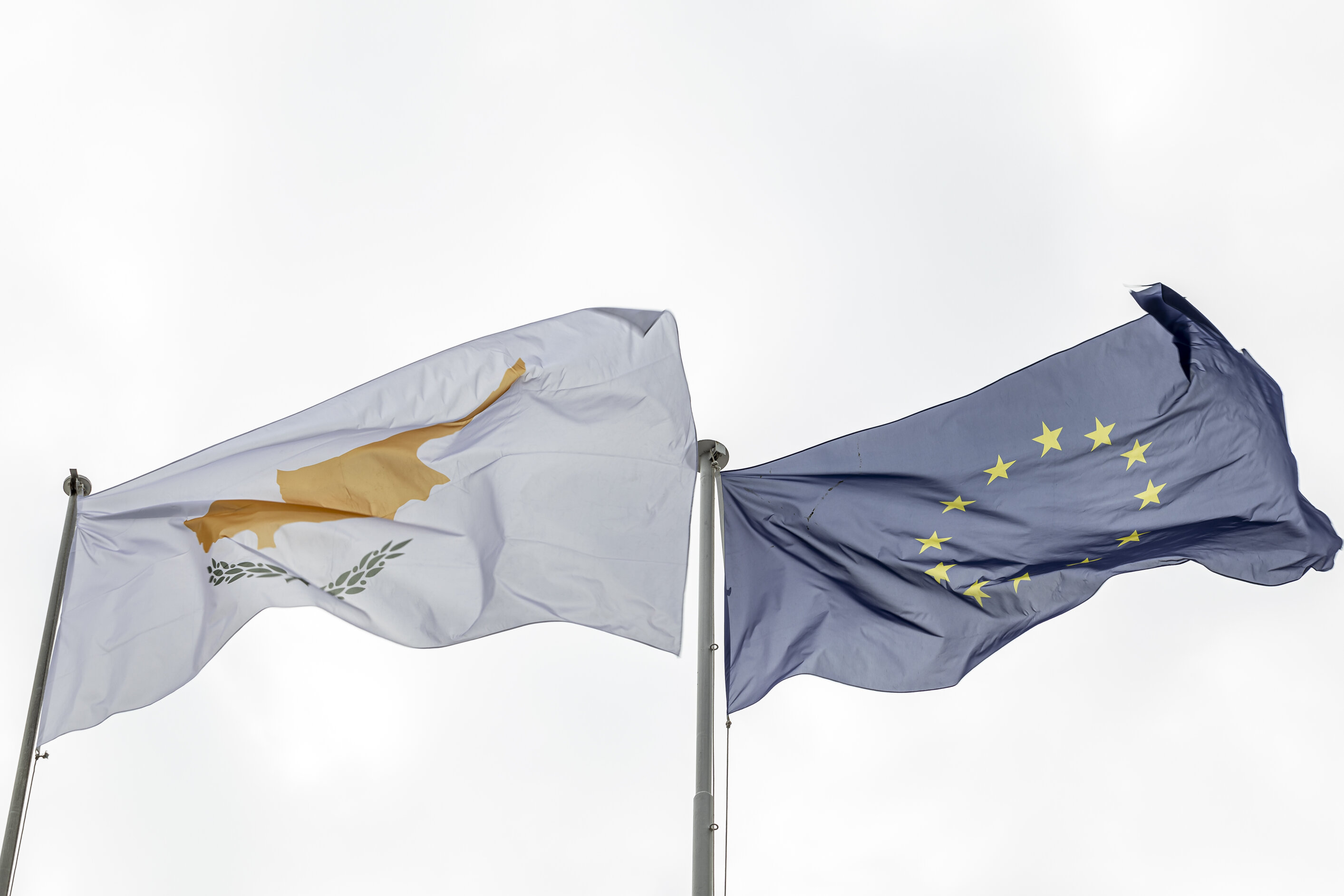 The flags of Cyprus and the EU on top of the Presidential Palace in Nicosia in January 2026 for the opening ceremony of the Cyprus Presidency of the Council of the EU 2026. Photo: Kostas Pikoulas/NurPhoto via Getty Images