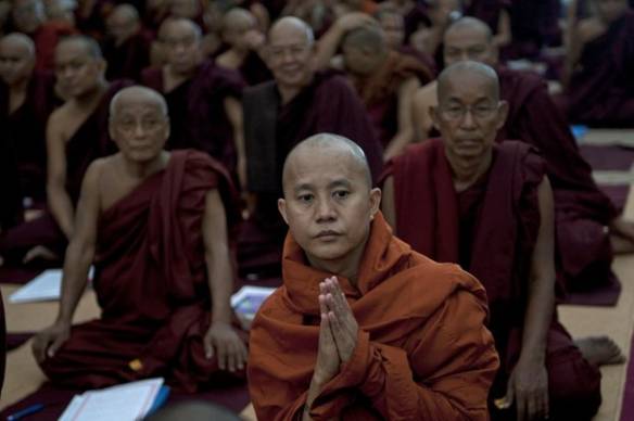 The controversial Buddhist nationalist monk Wirathu attends a conference about religious violence in Yangon in 2013.