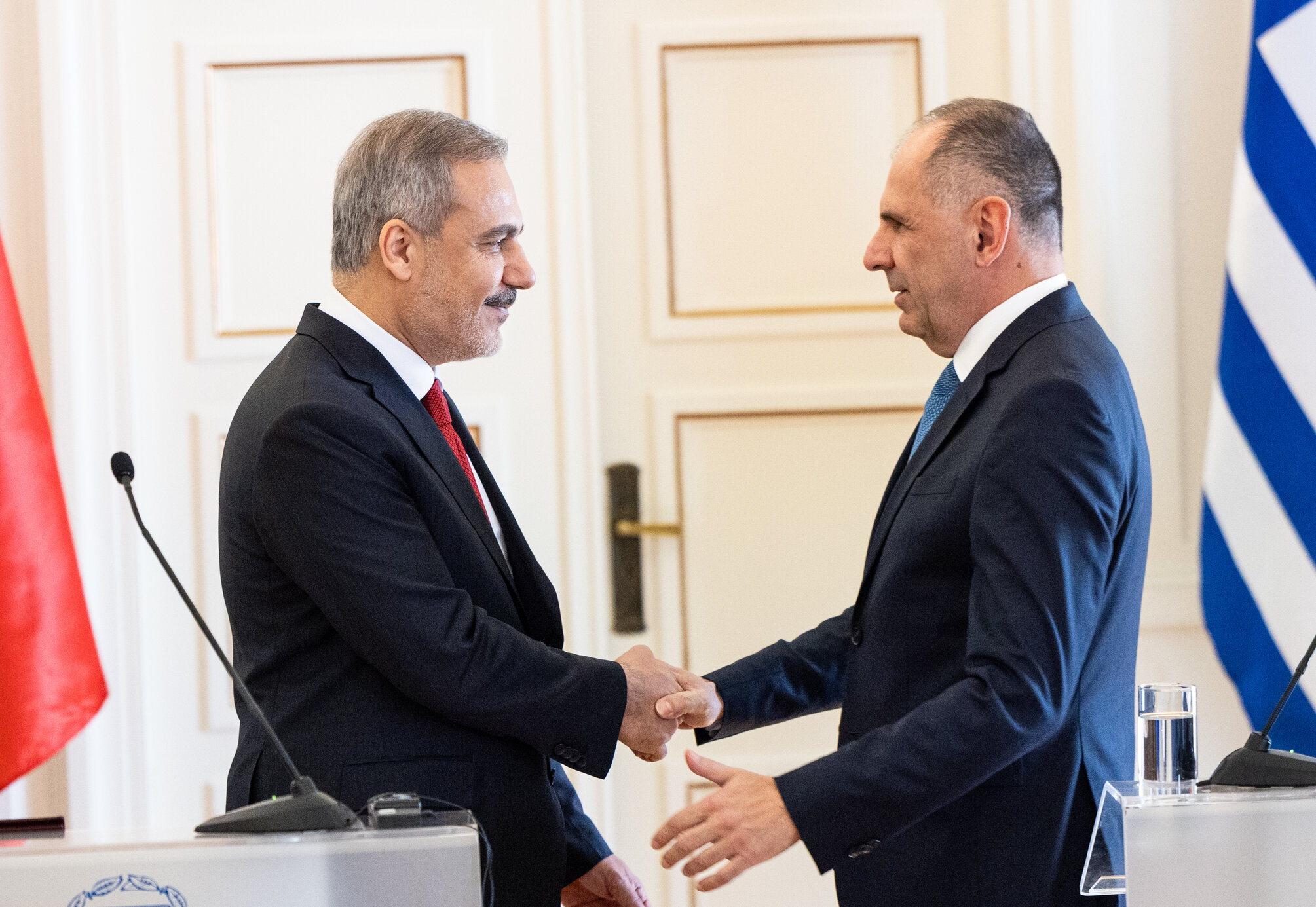 Turkish and Greek Foreign Ministers Hakan Fidan and Giorgos Gerapetritis after a meeting in November 2024. Photo: Murat Gok/Anadolu via Getty Images.