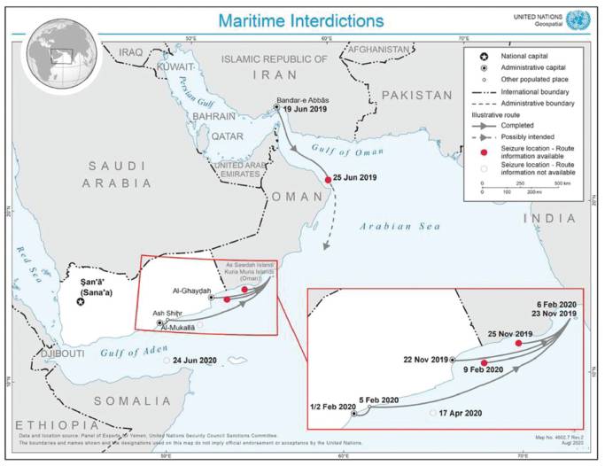 Map of maritime arms trafficking routes into Yemen.