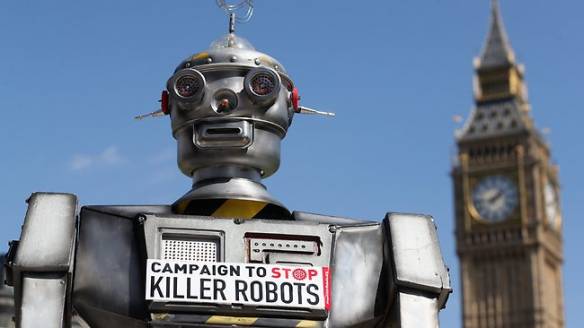 A figure of a robot reading 'Campaign to Stop Killer Robots' in London.